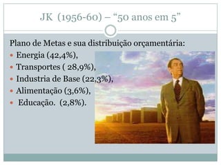 JK  (1956-60) – “50 anos em 5”Plano de Metas e sua distribuição orçamentária: Energia (42,4%), Transportes ( 28,9%), Industria de Base (22,3%),  Alimentação (3,6%), Educação.  (2,8%).