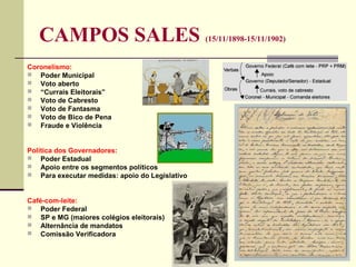 CAMPOS SALES (15/11/1898-15/11/1902)
Coronelismo:
 Poder Municipal
 Voto aberto
 “Currais Eleitorais”
 Voto de Cabresto
 Voto de Fantasma
 Voto de Bico de Pena
 Fraude e Violência
Política dos Governadores:
 Poder Estadual
 Apoio entre os segmentos políticos
 Para executar medidas: apoio do Legislativo
Café-com-leite:
 Poder Federal
 SP e MG (maiores colégios eleitorais)
 Alternância de mandatos
 Comissão Verificadora
 
