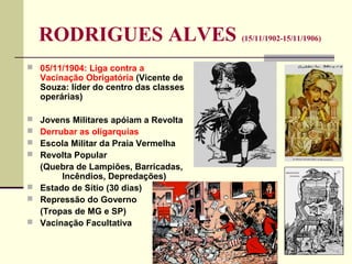RODRIGUES ALVES (15/11/1902-15/11/1906)
 05/11/1904: Liga contra a
Vacinação Obrigatória (Vicente de
Souza: líder do centro das classes
operárias)
 Jovens Militares apóiam a Revolta
 Derrubar as oligarquias
 Escola Militar da Praia Vermelha
 Revolta Popular
(Quebra de Lampiões, Barricadas,
Incêndios, Depredações)
 Estado de Sítio (30 dias)
 Repressão do Governo
(Tropas de MG e SP)
 Vacinação Facultativa
 