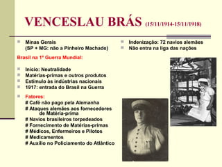 VENCESLAU BRÁS (15/11/1914-15/11/1918)
 Minas Gerais
(SP + MG: não a Pinheiro Machado)
Brasil na 1º Guerra Mundial:
 Início: Neutralidade
 Matérias-primas e outros produtos
 Estímulo às indústrias nacionais
 1917: entrada do Brasil na Guerra
 Fatores:
# Café não pago pela Alemanha
# Ataques alemães aos fornecedores
de Matéria-prima
# Navios brasileiros torpedeados
# Fornecimento de Matérias-primas
# Médicos, Enfermeiros e Pilotos
# Medicamentos
# Auxílio no Policiamento do Atlântico
 Indenização: 72 navios alemães
 Não entra na liga das nações
 