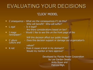 EVALUATING YOUR DECISIONS ‘ CLICK’ MODEL C onsequence – What are the consequences if I do this? Who will benefit?  Who will suffer? L egal  -  Is it legal? Are there considerations based on law? I mage  -  Would I like to see this on the front page of the newspaper? Will this decision affect our public image? C ulture  -  Does this decision support or damage our organization’s culture and  values? K not  -  Does it cause a knot in my stomach? Would my mentor or hero approve? Developed by Florida Power Corporation by Lee Garden Swartz Anita Rowe and  Patricia Digh. 