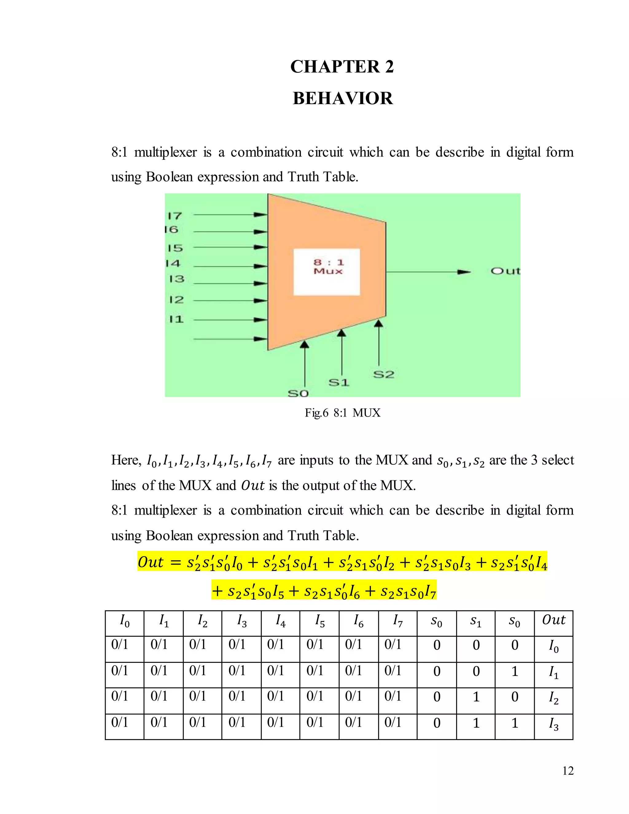12
CHAPTER 2
BEHAVIOR
8:1 multiplexer is a combination circuit which can be describe in digital form
using Boolean expression and Truth Table.
Fig.6 8:1 MUX
Here, 𝐼0, 𝐼1, 𝐼2, 𝐼3, 𝐼4, 𝐼5, 𝐼6, 𝐼7 are inputs to the MUX and 𝑠0, 𝑠1, 𝑠2 are the 3 select
lines of the MUX and 𝑂𝑢𝑡 is the output of the MUX.
8:1 multiplexer is a combination circuit which can be describe in digital form
using Boolean expression and Truth Table.
𝑂𝑢𝑡 = 𝑠2
′
𝑠1
′
𝑠0
′
𝐼0 + 𝑠2
′
𝑠1
′
𝑠0 𝐼1 + 𝑠2
′
𝑠1 𝑠0
′
𝐼2 + 𝑠2
′
𝑠1 𝑠0 𝐼3 + 𝑠2 𝑠1
′
𝑠0
′
𝐼4
+ 𝑠2 𝑠1
′
𝑠0 𝐼5 + 𝑠2 𝑠1 𝑠0
′
𝐼6 + 𝑠2 𝑠1 𝑠0 𝐼7
𝐼0 𝐼1 𝐼2 𝐼3 𝐼4 𝐼5 𝐼6 𝐼7 𝑠0 𝑠1 𝑠0 𝑂𝑢𝑡
0/1 0/1 0/1 0/1 0/1 0/1 0/1 0/1 0 0 0 𝐼0
0/1 0/1 0/1 0/1 0/1 0/1 0/1 0/1 0 0 1 𝐼1
0/1 0/1 0/1 0/1 0/1 0/1 0/1 0/1 0 1 0 𝐼2
0/1 0/1 0/1 0/1 0/1 0/1 0/1 0/1 0 1 1 𝐼3
 