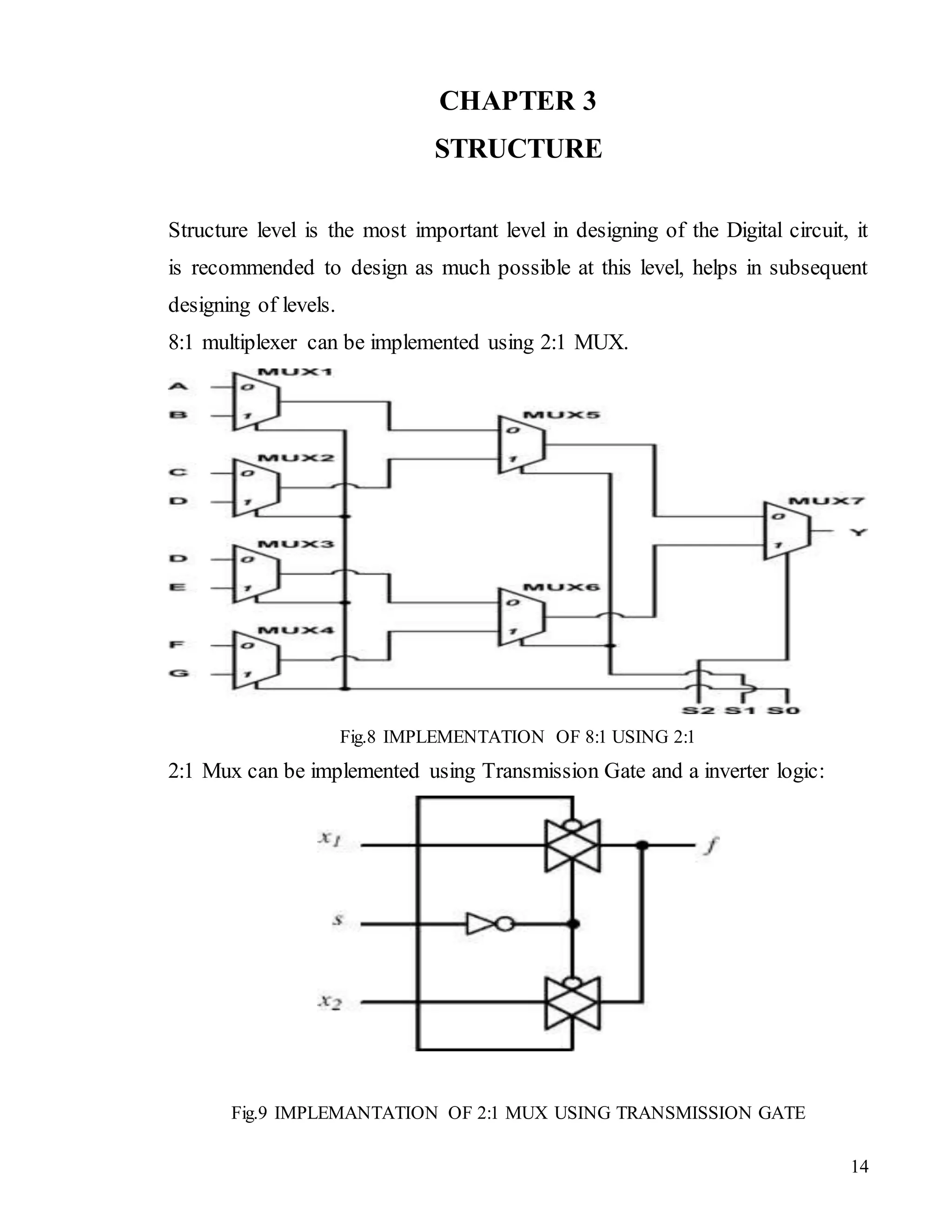 14
CHAPTER 3
STRUCTURE
Structure level is the most important level in designing of the Digital circuit, it
is recommended to design as much possible at this level, helps in subsequent
designing of levels.
8:1 multiplexer can be implemented using 2:1 MUX.
Fig.8 IMPLEMENTATION OF 8:1 USING 2:1
2:1 Mux can be implemented using Transmission Gate and a inverter logic:
Fig.9 IMPLEMANTATION OF 2:1 MUX USING TRANSMISSION GATE
 