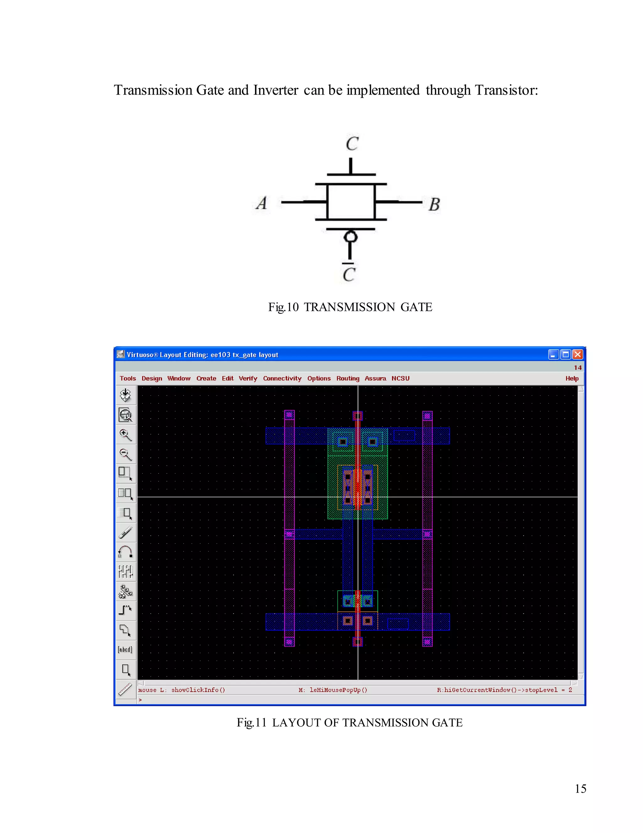 15
Transmission Gate and Inverter can be implemented through Transistor:
Fig.10 TRANSMISSION GATE
Fig.11 LAYOUT OF TRANSMISSION GATE
 