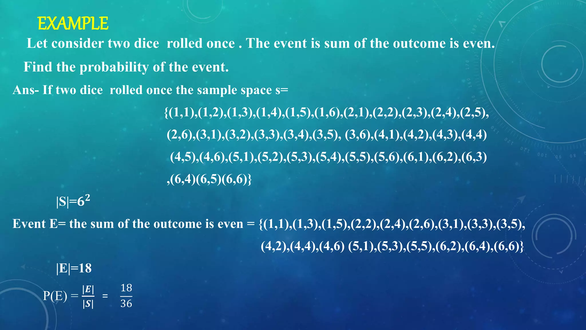EXAMPLE
Let consider two dice rolled once . The event is sum of the outcome is even.
Find the probability of the event.
Ans- If two dice rolled once the sample space s=
{(1,1),(1,2),(1,3),(1,4),(1,5),(1,6),(2,1),(2,2),(2,3),(2,4),(2,5),
(2,6),(3,1),(3,2),(3,3),(3,4),(3,5), (3,6),(4,1),(4,2),(4,3),(4,4)
(4,5),(4,6),(5,1),(5,2),(5,3),(5,4),(5,5),(5,6),(6,1),(6,2),(6,3)
,(6,4)(6,5)(6,6)}
|S|=𝟔𝟐
Event E= the sum of the outcome is even = {(1,1),(1,3),(1,5),(2,2),(2,4),(2,6),(3,1),(3,3),(3,5),
(4,2),(4,4),(4,6) (5,1),(5,3),(5,5),(6,2),(6,4),(6,6)}
|E|=18
P(E) =
|𝑬|
|𝑺|
=
18
36
 