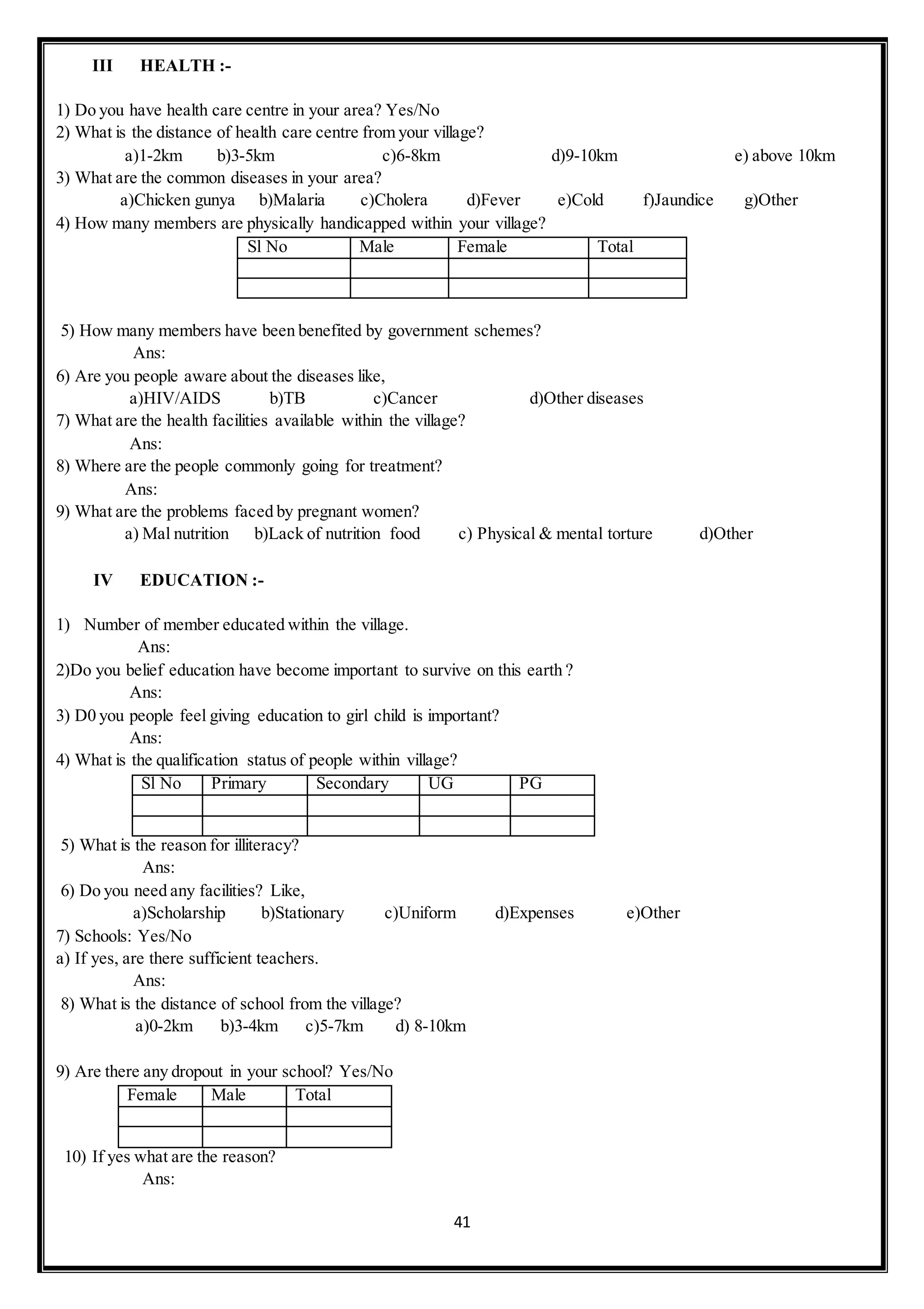 41
III HEALTH :-
1) Do you have health care centre in your area? Yes/No
2) What is the distance of health care centre from your village?
a)1-2km b)3-5km c)6-8km d)9-10km e) above 10km
3) What are the common diseases in your area?
a)Chicken gunya b)Malaria c)Cholera d)Fever e)Cold f)Jaundice g)Other
4) How many members are physically handicapped within your village?
Sl No Male Female Total
5) How many members have been benefited by government schemes?
Ans:
6) Are you people aware about the diseases like,
a)HIV/AIDS b)TB c)Cancer d)Other diseases
7) What are the health facilities available within the village?
Ans:
8) Where are the people commonly going for treatment?
Ans:
9) What are the problems faced by pregnant women?
a) Mal nutrition b)Lack of nutrition food c) Physical & mental torture d)Other
IV EDUCATION :-
1) Number of member educated within the village.
Ans:
2)Do you belief education have become important to survive on this earth ?
Ans:
3) D0 you people feel giving education to girl child is important?
Ans:
4) What is the qualification status of people within village?
Sl No Primary Secondary UG PG
5) What is the reason for illiteracy?
Ans:
6) Do you need any facilities? Like,
a)Scholarship b)Stationary c)Uniform d)Expenses e)Other
7) Schools: Yes/No
a) If yes, are there sufficient teachers.
Ans:
8) What is the distance of school from the village?
a)0-2km b)3-4km c)5-7km d) 8-10km
9) Are there any dropout in your school? Yes/No
Female Male Total
10) If yes what are the reason?
Ans:
 