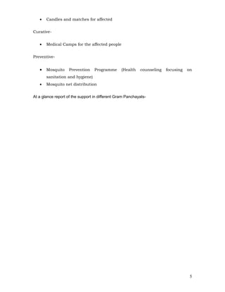 •   Candles and matches for affected


Curative-


   •   Medical Camps for the affected people


Preventive-


   •   Mosquito     Prevention    Programme      (Health   counseling   focusing   on
       sanitation and hygiene)
   •   Mosquito net distribution


At a glance report of the support in different Gram Panchayats-




                                                                                    5
 