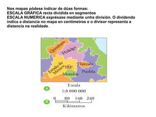 Nos mapas pódese indicar de dúas formas:
ESCALA GRÁFICA recta dividida en segmentos
ESCALA NUMERICA exprésase mediante unha división. O dividendo
indica a distancia no mapa en centímetros e o divisor representa a
distancia na realidade.

 