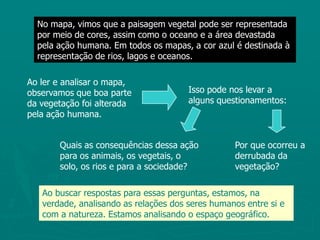 No mapa, vimos que a paisagem vegetal pode ser representada por meio de cores, assim como o oceano e a área devastada pela ação humana. Em todos os mapas, a cor azul é destinada à representação de rios, lagos e oceanos.Ao ler e analisar o mapa, observamos que boa parte da vegetação foi alterada pela ação humana.Isso pode nos levar a alguns questionamentos:Quais as consequências dessa ação para os animais, os vegetais, o solo, os rios e para a sociedade?Por que ocorreu a derrubada da vegetação?Ao buscar respostas para essas perguntas, estamos, na verdade, analisando as relações dos seres humanos entre si e com a natureza. Estamos analisando o espaço geográfico.