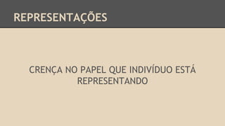 REPRESENTAÇÕES
CRENÇA NO PAPEL QUE INDIVÍDUO ESTÁ
REPRESENTANDO
 