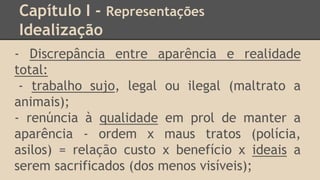 Capítulo I - Representações
Idealização
- Discrepância entre aparência e realidade
total:
- trabalho sujo, legal ou ilegal (maltrato a
animais);
- renúncia à qualidade em prol de manter a
aparência - ordem x maus tratos (polícia,
asilos) = relação custo x benefício x ideais a
serem sacrificados (dos menos visíveis);
 