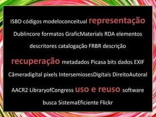 ISBD códigos modeloconceitual representação

  Dublincore formatos GraficMaterials RDA elementos
        descritores catalogação FRBR descrição

 recuperação metadados Picasa bits dados EXIF
Câmeradigital pixels IntersemiosesDigitais DireitoAutoral

 AACR2 LibraryofCongress uso      e reuso software
              busca SistemaEficiente Flickr
 