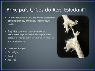 • O individualismo é uma marca na sociedade
contemporânea, atingindo, sobretudo, os
jovens;
• Forjados com essa característica, os
estudantes hoje não mais enxergam o seu
colega de classe como um parceiro, mas sim
um concorrente.;
• Crise de direção;
• Estratégia;
• Prática;
• Valores.
Principais Crises do Rep. Estudantil
 