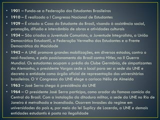 • 1901 – Funda-se a Federação dos Estudantes Brasileiros
• 1910 – É realizado o I Congresso Nacional de Estudantes
• 1929 – É criada a Casa do Estudante do Brasil, visando à assistência social,
promoção, difusão e intercâmbio de obras e atividades culturais
• 1934 – São criadas a Juventude Comunista, a Juventude Integralista, a União
Democrática Estudantil, a Federação Vermelha dos Estudantes e a Frente
Democrática da Mocidade
• 1942 – A UNE promove grandes mobilizações, em diversos estados, contra o
nazi-fascismo, e pelo posicionamento do Brasil contra Hitler, na II Guerra
Mundial. Os estudantes ocupam o prédio do Clube Germânia, de simpatizantes
da Alemanha, o presidente Vargas cede o local para ser a sede da UNE e
decreta a entidade como órgão oficial de representação dos universitários
brasileiros. O V Congresso da UNE elege o carioca Hélio de Almeida
• 1963 – José Serra chega à presidência da UNE
• 1964 – O presidente José Serra participa, como orador do famoso comício da
Central do Brasil. Com a instalação da ditadura militar, a sede da UNE no Rio de
Janeiro é metralhada e incendiada. Ocorrem invasões do regime em
universidades do país e, por meio da lei Suplicy de Lacerda, a UNE e demais
entidades estudantis é posta na ilegalidade
 