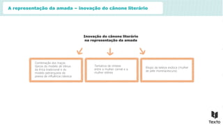 A representação da amada – inovação do cânone literário
Tentativa de síntese
entre a mulher carnal e a
mulher etérea
Elogio da beleza exótica (mulher
de pele morena/escura)
Combinação dos traços
típicos do modelo de Vénus
da lírica tradicional e do
modelo petrarquista da
poesia de influência clássica
Inovação do cânone literário
na representação da amada
 