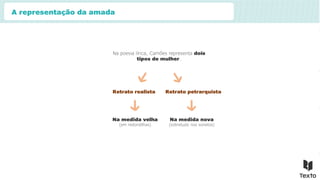 A representação da amada
Na poesia lírica, Camões representa dois
tipos de mulher.
Retrato realista Retrato petrarquista
Na medida velha
(em redondilhas)
Na medida nova
(sobretudo nos sonetos)
 