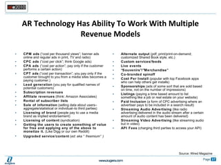 CPM ads  (“cost per thousand views”; banner ads online and regular ads in print, TV and radio) CPC ads  (“cost per click”; think Google ads) CPA ads  (“cost per action”; pay only if the customer performs a certain action) CPT ads  (“cost per transaction”; you pay only if the customer brought to you from a media sites becomes a paying customer.) Lead generation  (you pay for qualified names of potential customers) Subscription revenues Affiliate revenues  (think: Amazon Associates) Rental of subscriber lists Sale of information  (selling data about users–aggregate/statistical or individual–to third parties) Licensing of brand  (people pay to use a media brand as implied endorsement) Licensing of content  (syndication) Getting the users to create something of value for free and applying any of the above to monetize it.  (Like Digg or our own Reddit) Upgraded service/content  ( ed: aka “freemium”) AR Technology Has Ability To Work With Multiple Revenue Models Alternate output  (pdf; print/print-on-demand; customized Shared Book style; etc.) Custom services/feeds Live events “ Souvenirs”/”Merchandise” Co-branded spinoff Cost Per Install  (popular with top Facebook apps who can help others get installs) Sponsorships  (ads of some sort that are sold based on time, not on the number of impressions) Listings  (paying a time based amount to list something like a job or real estate on your website) Paid Inclusion  (a form of CPC advertising where an advertiser pays to be included in a search result) Streaming Audio Advertising  (like radio advertising delivered in the audio stream after a certain amount of audio content has been delivered) Streaming Video Advertising  (like streaming audio but in video) API Fees  (charging third parties to access your API) Source: Wired Magazine 