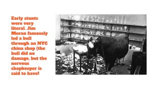 Early stunts
were very
literal. Jim
Moran famously
led a bull
through an NYC
china shop (the
bull did no
damage, but the
nervous
shopkeeper is
said to have!
 