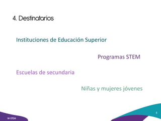 4. Destinatarios
W-STEM
5
Instituciones de Educación Superior
Programas STEM
Escuelas de secundaria
Niñas y mujeres jóvenes
 