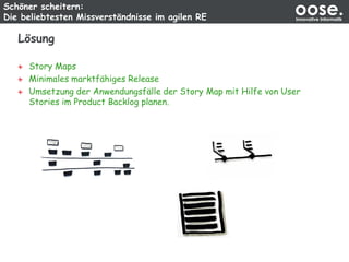Schöner scheitern:
Die beliebtesten Missverständnisse im agilen RE
oose.Innovative Informatik
Lösung
Story Maps
Minimales marktfähiges Release
Umsetzung der Anwendungsfälle der Story Map mit Hilfe von User
Stories im Product Backlog planen.
 