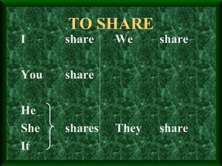 TO SHARE I share You share He She shares It We share They share 