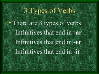 3 Types of Verbs There are 3 types of verbs:  Infinitives that end in  -ar Infinitives that end in  -er Infinitives that end in  -ir 