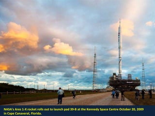 NASA's Ares 1-X rocket rolls out to launch pad 39-B at the Kennedy Space Centre October 20, 2009 in Cape Canaveral, Florida. 