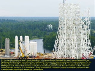 A-3 Test Stand Construction at NASA's Stennis Space Centre in in Hancock County, Mississippi. Nine water, isopropyl alcohol (IPA) and  liquid oxygen (LOX) tanks have been delivered and installed, with five more water tanks scheduled to arrive in upcoming weeks. The two  IPA tanks shown on the left and the three LOX tanks shown on the right are 35,000 gallons each. The four water tanks in the centre are  39,000 gallons each. All 14 of the tanks will be used by the chemical steam generators units that will be installed on the A-3 stand for  creating simulated altitudes of up to 100,000 feet, a testing environment for Constellation, initially to validate the performance of the  J2-X engine for the upper stage of the new Ares I launch vehicle 