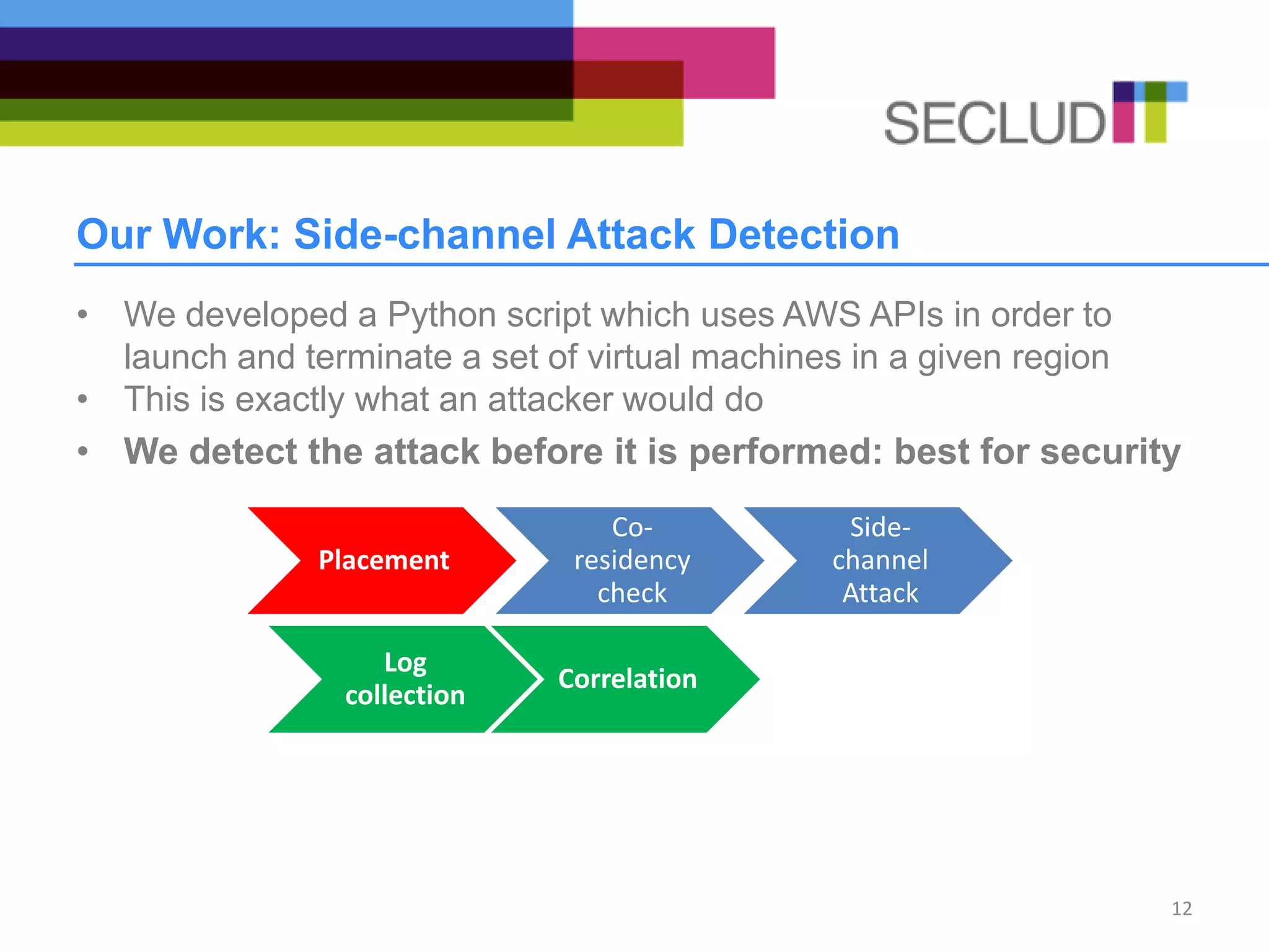 Our Work: Side-channel Attack Detection
• We developed a Python script which uses AWS APIs in order to
launch and terminate a set of virtual machines in a given region
• This is exactly what an attacker would do
• We detect the attack before it is performed: best for security
12
Placement
Co-
residency
check
Side-
channel
Attack
Log
collection
Correlation
 
