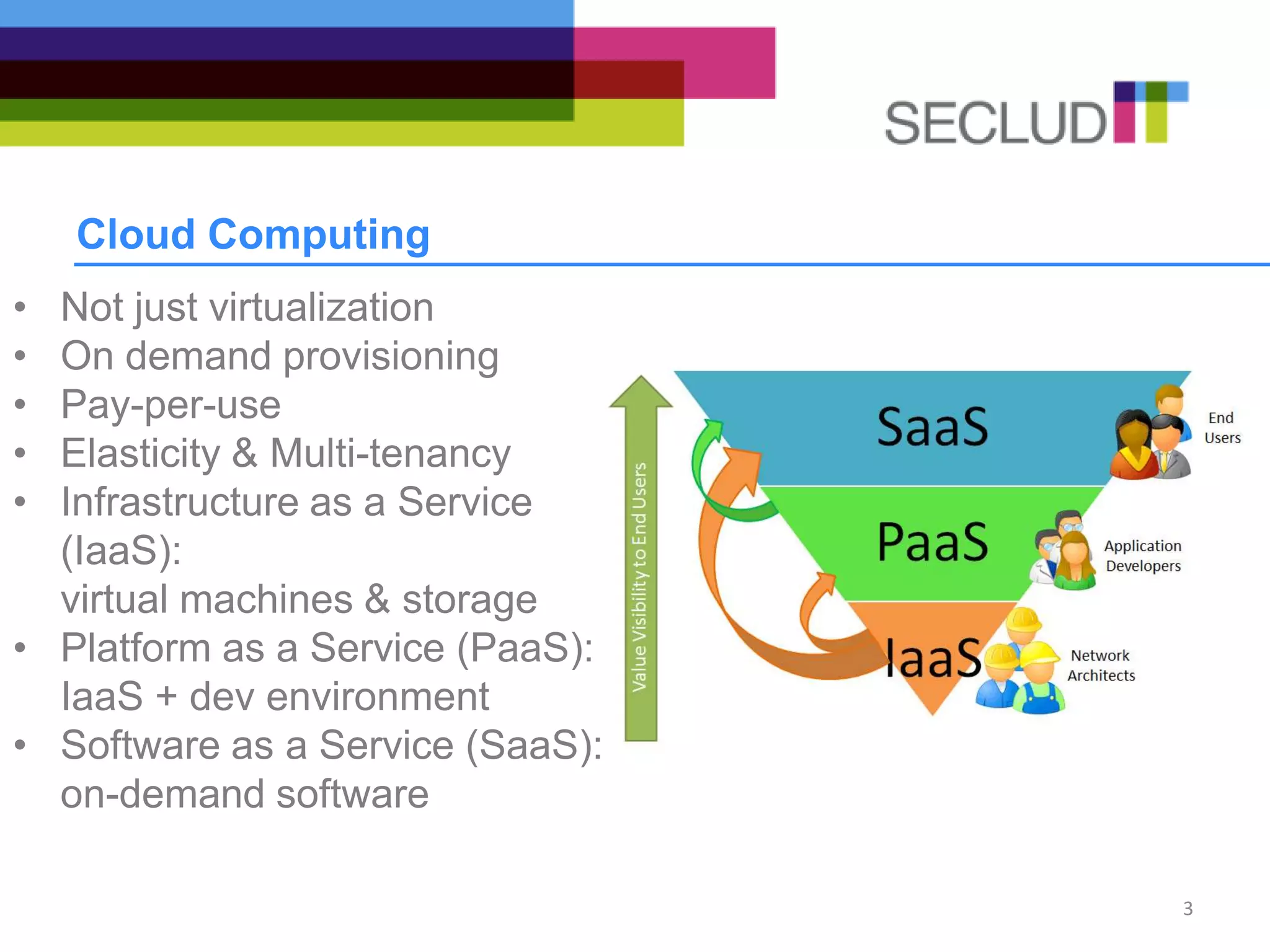 Cloud Computing
• Not just virtualization
• On demand provisioning
• Pay-per-use
• Elasticity & Multi-tenancy
• Infrastructure as a Service
(IaaS):
virtual machines & storage
• Platform as a Service (PaaS):
IaaS + dev environment
• Software as a Service (SaaS):
on-demand software
3
 