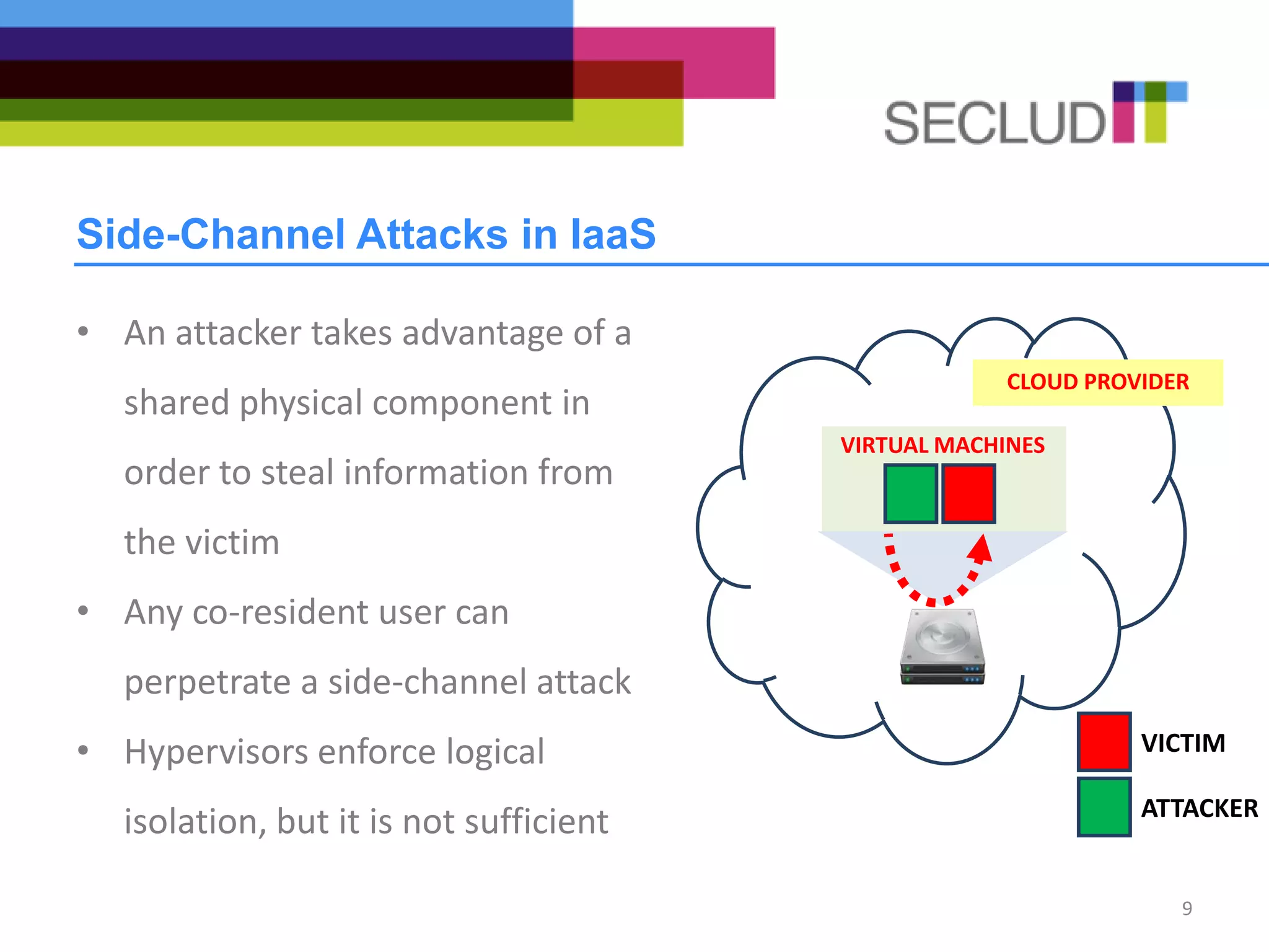 Side-Channel Attacks in IaaS
• An attacker takes advantage of a
shared physical component in
order to steal information from
the victim
• Any co-resident user can
perpetrate a side-channel attack
• Hypervisors enforce logical
isolation, but it is not sufficient
9
CLOUD PROVIDER
VIRTUAL MACHINES
VICTIM
ATTACKER
 