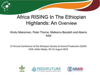Africa RISING In The Ethiopian
Highlands: An Overview
Kindu Mekonnen, Peter Thorne, Melkamu Bezabih and Aberra
Adie
27 Annual Conference of the Ethiopian Society of Animal Production (ESAP)
EIAR, Addis Ababa, 29–31 August 2019
 