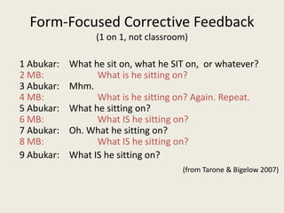 Form-Focused Corrective Feedback(1 on 1, not classroom)	1 Abukar: 	What he sit on, what he SIT on,  or whatever?2 MB: 		What is he sitting on?	3 Abukar: 	Mhm.4 MB: 		What is he sitting on? Again. Repeat.	5 Abukar: 	What he sitting on?6 MB: 		What IS he sitting on?	7 Abukar: 	Oh. What he sitting on?8 MB: 		What IS he sitting on?	9 Abukar: 	What IS he sitting on?(from Tarone & Bigelow 2007)