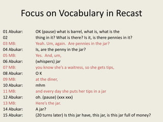 Focus on Vocabulary in Recast01 Abukar:	OK (pause) what is barrel, what is, what is the 02			thing in it? What is there? Is it, is there pennies in it?03 MB:		Yeah. Um, again.  Are pennies in the jar?04 Abukar:	Is, are the penny in the jar?05 MB:		Yes.  And, um, 06 Abukar:	(whispers) jar07 MB:		you know she’s a waitress, so she gets tips,08 Abukar:	O K09 MB:		at the diner, 10 Abukar:	mhm11 MB:		and every day she puts her tips in a jar12 Abukar:	oh. (pause) (xxx xxx)13 MB:		Here’s the jar.14 Abukar:	A jar?15 Abukar:	(20 turns later) Is this jar have, this jar, is this jar full of money?