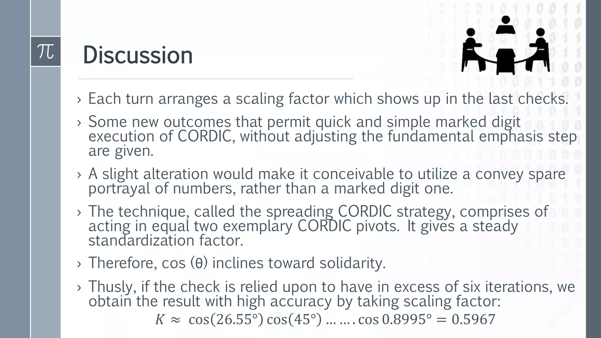 Discussion
› Each turn arranges a scaling factor which shows up in the last checks.
› Some new outcomes that permit quick and simple marked digit
execution of CORDIC, without adjusting the fundamental emphasis step
are given.
› A slight alteration would make it conceivable to utilize a convey spare
portrayal of numbers, rather than a marked digit one.
› The technique, called the spreading CORDIC strategy, comprises of
acting in equal two exemplary CORDIC pivots. It gives a steady
standardization factor.
› Therefore, cos (θ) inclines toward solidarity.
› Thusly, if the check is relied upon to have in excess of six iterations, we
obtain the result with high accuracy by taking scaling factor:
𝐾 ≈ cos 26.55° cos 45° … … . cos 0.8995° = 0.5967
 