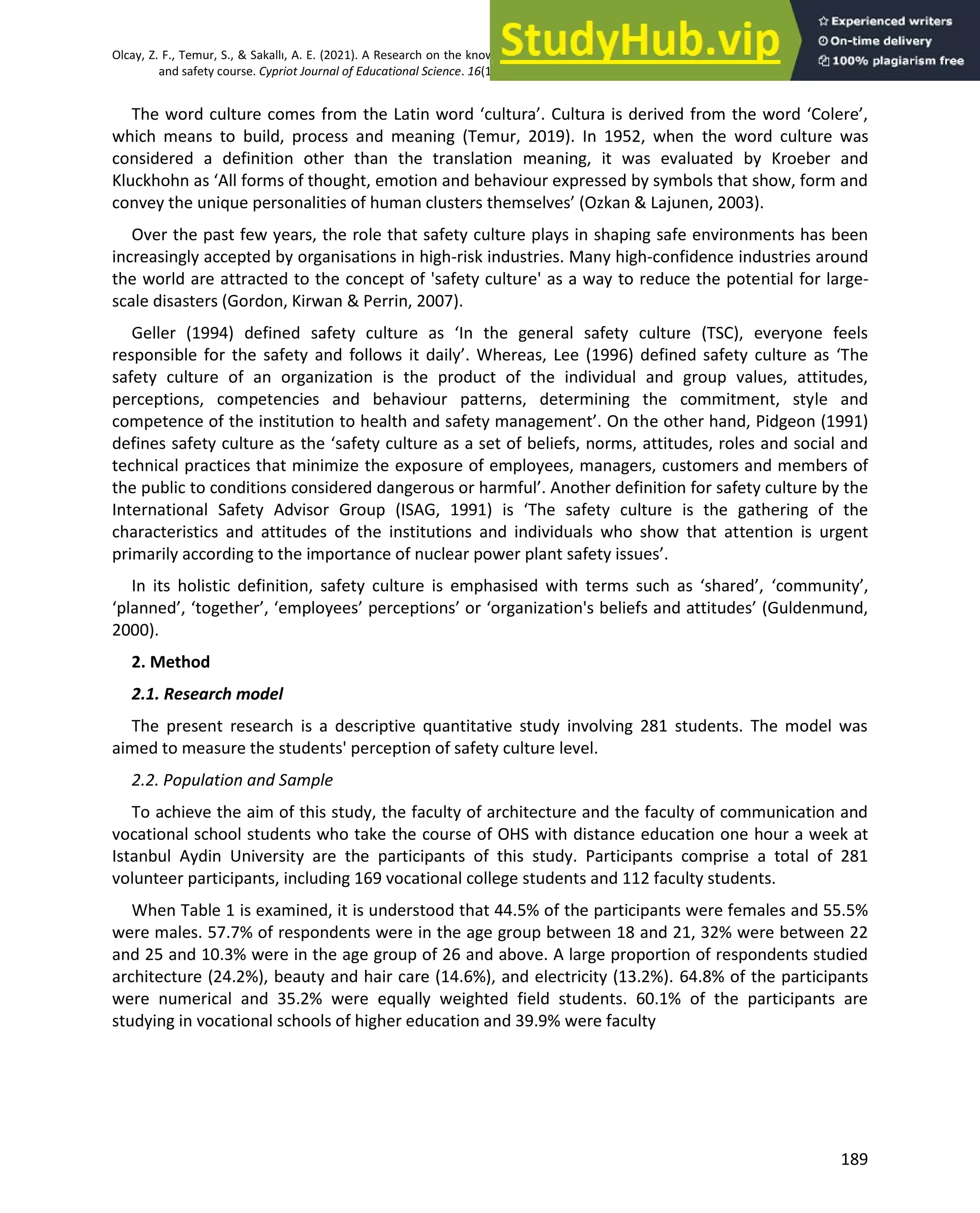 A research on the knowledge level and safety culture of students taking