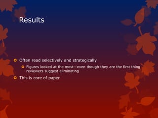 Results
 Often read selectively and strategically
 Figures looked at the most—even though they are the first thing
reviewers suggest eliminating
 This is core of paper
 