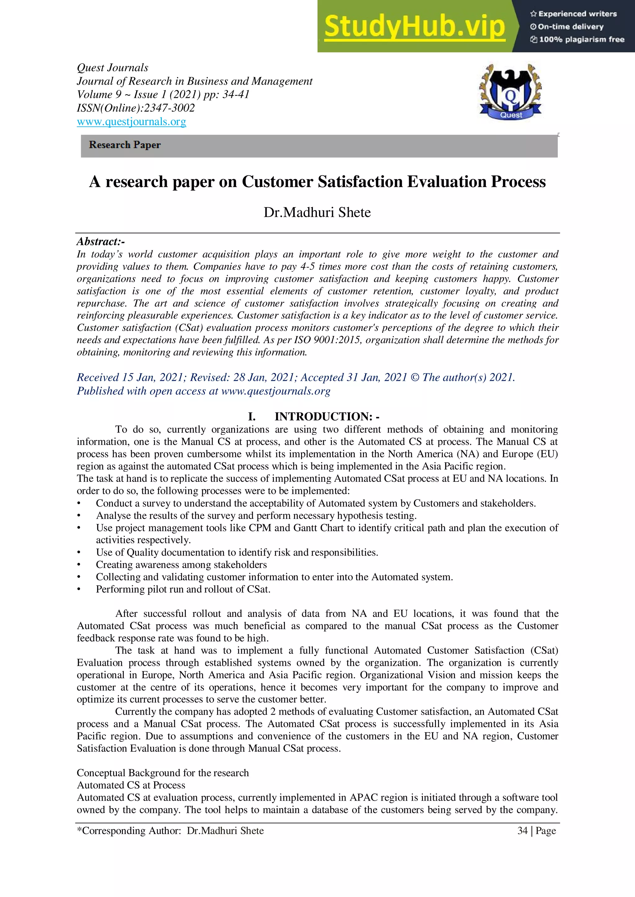 A Research Paper On Customer Satisfaction Evaluation Process | PDF