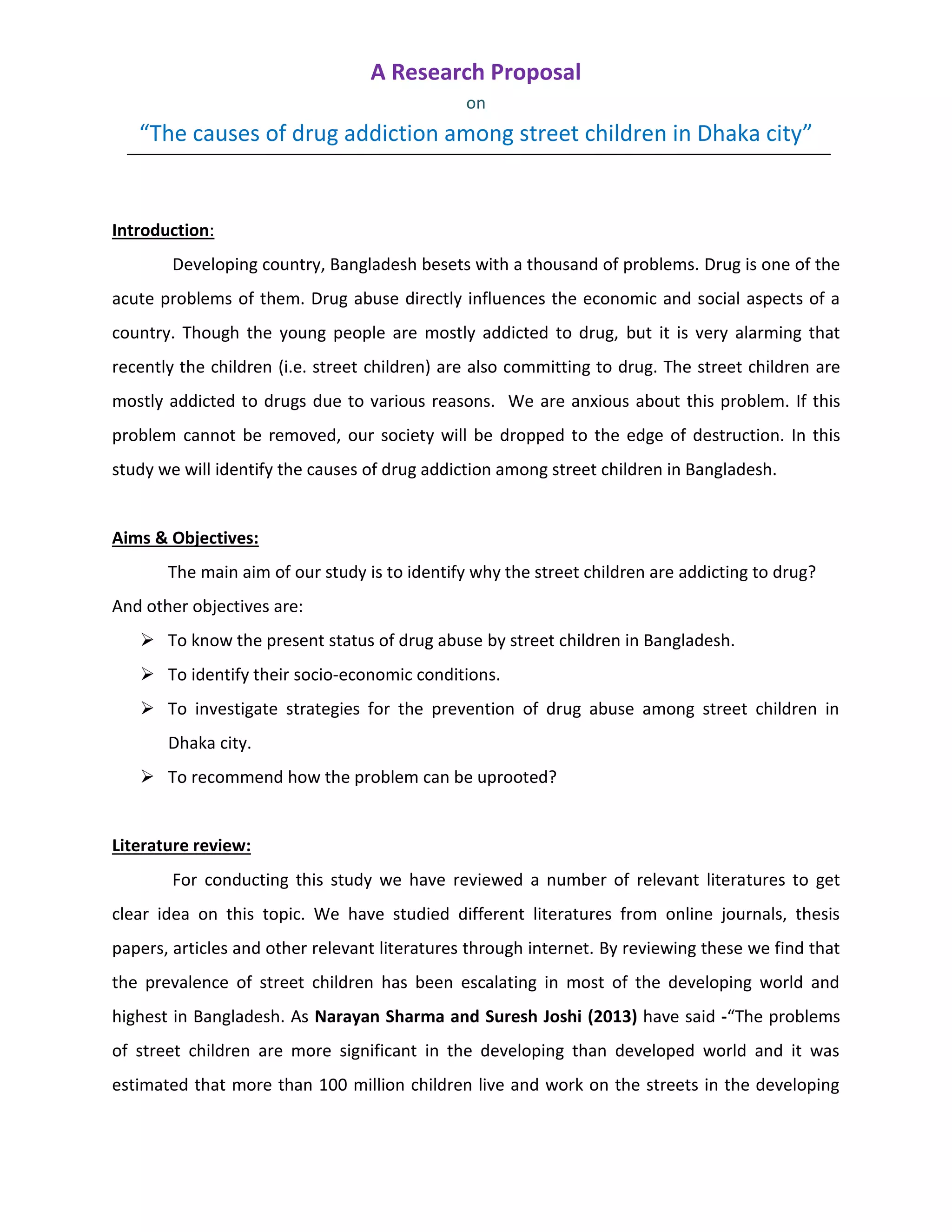 A research proposal on “the causes of drug addiction among street ...