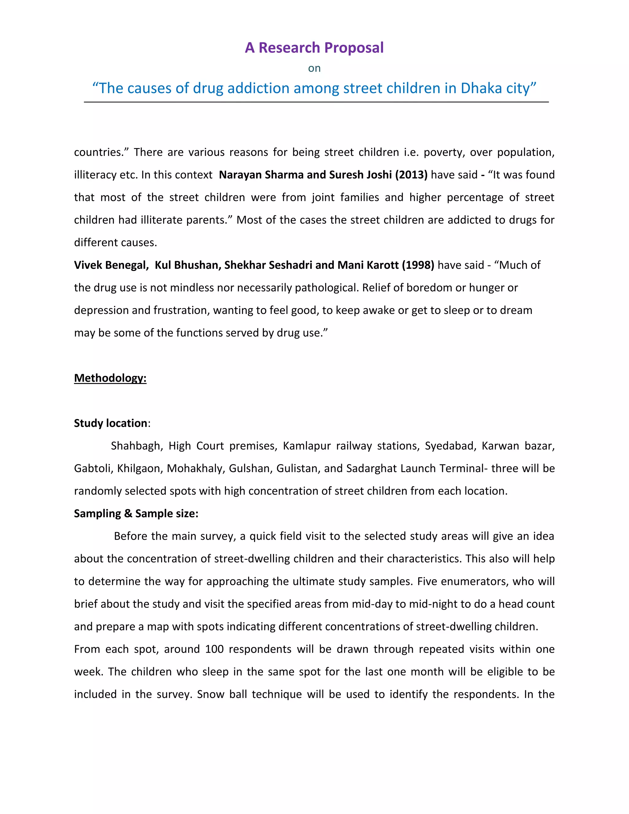 A research proposal on “the causes of drug addiction among street ...