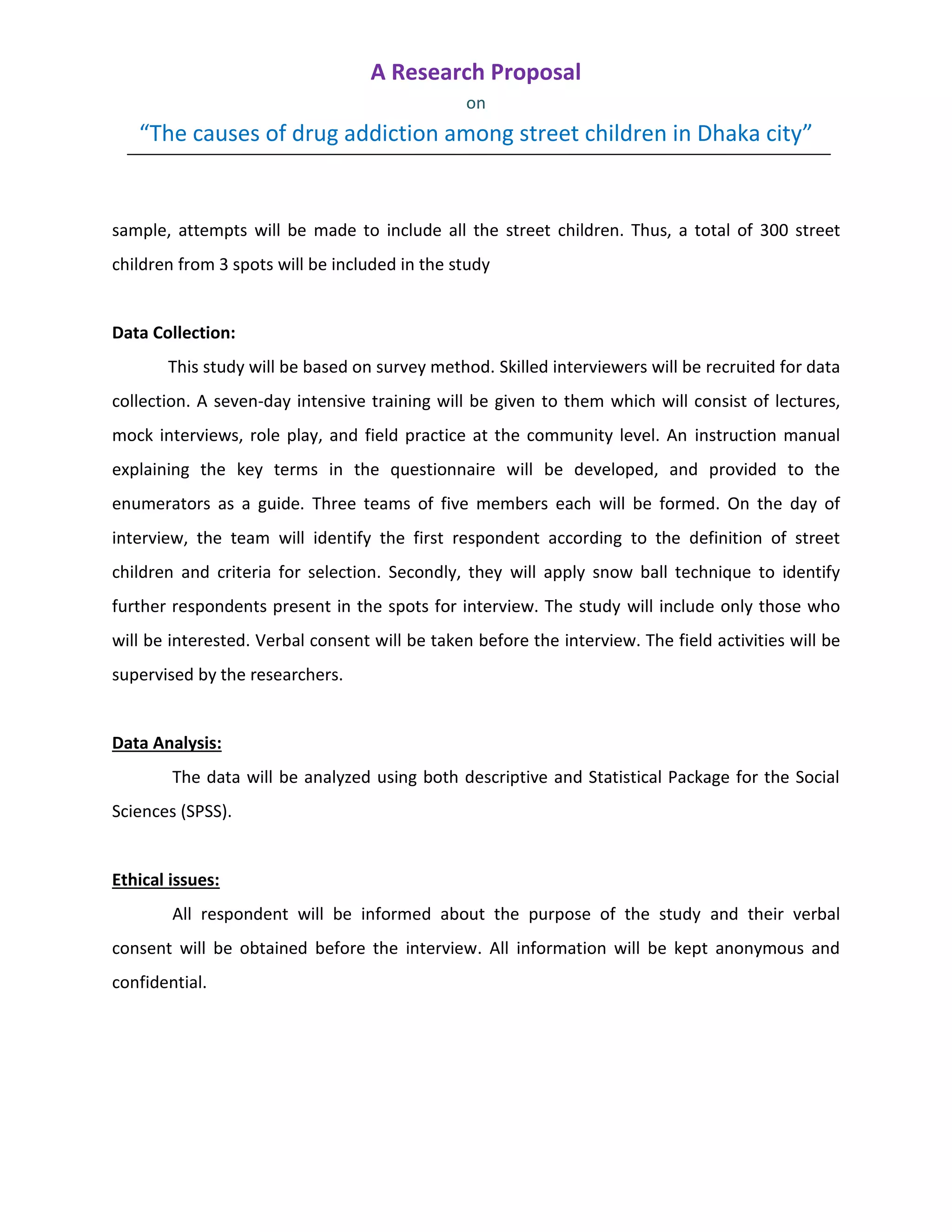 A research proposal on “the causes of drug addiction among street ...