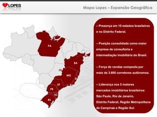 –  Presença em 10 estados brasileiros  e no Distrito Federal. –  Posição consolidada como maior  empresa de consultoria e  intermediação imobiliária do Brasil.  –  Força de vendas composta por  mais de 3.600 corretores autônomos. –  Liderança nos 5 maiores  mercados imobiliários brasileiros: São Paulo, Rio de Janeiro,  Distrito Federal, Região Metropolitana  de Campinas e Região Sul. Mapa Lopes – Expansão Geográfica PE SC MG PA DF BA RS PR SP RJ ES 