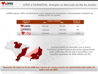 LOPES e PATRIMÓVEL: Sinergias no Mercado do Rio de Janeiro RJ 1  Expectativa de vendas em milhões de reais. Operação da Lopes no RJ em 2008 terá volume de vendas próximo do apresentado pela Lopes em todo o ano de 2006 1 . LOPES  adquire 100%  da Patrimóvel, maior empresa de consultoria e intermediação imobiliária do estado do Rio de Janeiro   . Empresa atuará no mercado com a marca Patrimóvel, porém todos os processos operacionais serão unificados em um único  backoffice  com sinergias esperadas de R$30 milhões de VPL.  Número de Corretores Vendas Contratadas 1 2007  2008 Unidade de Negócio 2.000 MM 1.500 MM 1.064 700 500 MM 364 + 2.500 MM 1.800 MM 700 MM 
