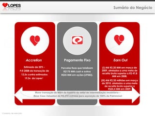 Sumário do Negócio 1  Consenso de mercado. Maior transação de  M&A  da história do setor de intermediação imobiliária – Base Case Valuation  de R$ 210 milhões para aquisição de100% da Patrimóvel.   Accretion Pagamento Fixo Earn Out Estimado de 35% - P/E 2008 da transação de 12,5x contra estimados 19,3x  da Lopes 1.   Parcelas fixas que totalizam R$175 MM  cash  e outros R$35 MM em ações (LPSB3). Até R$ 20 MM em março de 2009, atrelados a uma meta de receita bruta superior a R$ 47,8 MM em 2008. Até R$ 20 milhões em março de 2010, atrelados a uma meta de receita bruta superior a R$55,4 MM em 2009. Maior transação de M&A da história do setor de intermediação imobiliária –  Base Case Valuation  de R$ 210 milhões para aquisição de 100% da Patrimóvel  