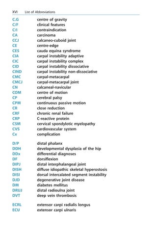 C.G centre of gravity
C/F clinical features
C/I contraindication
CA carcinoma
CCJ calcaneo-cuboid joint
CE centre-edge
CES cauda equina syndrome
CIA carpal instability adaptive
CIC carpal instability complex
CID carpal instability dissociative
CIND carpal instability non-dissociative
CMC carpal-metacarpal
CMCJ carpal-metacarpal joint
CN calcaneal-navicular
COM centre of motion
CP cerebral palsy
CPM continuous passive motion
CR close reduction
CRF chronic renal failure
CRP C-reactive protein
CSM cervical spondylotic myelopathy
CVS cardiovascular system
Cx complication
D/P distal phalanx
DDH developmental dysplasia of the hip
DDx differential diagnoses
DF dorsiflexion
DIPJ distal interphalangeal joint
DISH diffuse idiopathic skeletal hyperostosis
DISI dorsal intercalated segment instability
DJD degenerative joint disease
DM diabetes mellitus
DRUJ distal radioulna joint
DVT deep vein thrombosis
ECRL extensor carpi radialis longus
ECU extensor carpi ulnaris
XVI List of Abbreviations
 