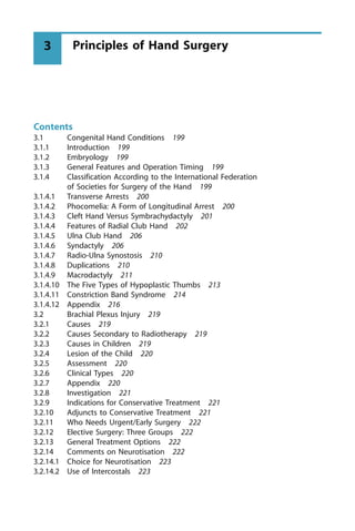 Contents
3.1 Congenital Hand Conditions 199
3.1.1 Introduction 199
3.1.2 Embryology 199
3.1.3 General Features and Operation Timing 199
3.1.4 Classification According to the International Federation
of Societies for Surgery of the Hand 199
3.1.4.1 Transverse Arrests 200
3.1.4.2 Phocomelia: A Form of Longitudinal Arrest 200
3.1.4.3 Cleft Hand Versus Symbrachydactyly 201
3.1.4.4 Features of Radial Club Hand 202
3.1.4.5 Ulna Club Hand 206
3.1.4.6 Syndactyly 206
3.1.4.7 Radio-Ulna Synostosis 210
3.1.4.8 Duplications 210
3.1.4.9 Macrodactyly 211
3.1.4.10 The Five Types of Hypoplastic Thumbs 213
3.1.4.11 Constriction Band Syndrome 214
3.1.4.12 Appendix 216
3.2 Brachial Plexus Injury 219
3.2.1 Causes 219
3.2.2 Causes Secondary to Radiotherapy 219
3.2.3 Causes in Children 219
3.2.4 Lesion of the Child 220
3.2.5 Assessment 220
3.2.6 Clinical Types 220
3.2.7 Appendix 220
3.2.8 Investigation 221
3.2.9 Indications for Conservative Treatment 221
3.2.10 Adjuncts to Conservative Treatment 221
3.2.11 Who Needs Urgent/Early Surgery 222
3.2.12 Elective Surgery: Three Groups 222
3.2.13 General Treatment Options 222
3.2.14 Comments on Neurotisation 222
3.2.14.1 Choice for Neurotisation 223
3.2.14.2 Use of Intercostals 223
Principles of Hand Surgery
3
 