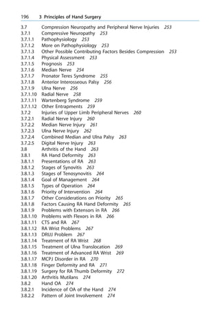 3.7 Compression Neuropathy and Peripheral Nerve Injuries 253
3.7.1 Compressive Neuropathy 253
3.7.1.1 Pathophysiology 253
3.7.1.2 More on Pathophysiology 253
3.7.1.3 Other Possible Contributing Factors Besides Compression 253
3.7.1.4 Physical Assessment 253
3.7.1.5 Prognosis 253
3.7.1.6 Median Nerve 254
3.7.1.7 Pronator Teres Syndrome 255
3.7.1.8 Anterior Interosseous Palsy 256
3.7.1.9 Ulna Nerve 256
3.7.1.10 Radial Nerve 258
3.7.1.11 Wartenberg Syndrome 259
3.7.1.12 Other Entrapments 259
3.7.2 Injuries of Upper Limb Peripheral Nerves 260
3.7.2.1 Radial Nerve Injury 260
3.7.2.2 Median Nerve Injury 261
3.7.2.3 Ulna Nerve Injury 262
3.7.2.4 Combined Median and Ulna Palsy 263
3.7.2.5 Digital Nerve Injury 263
3.8 Arthritis of the Hand 263
3.8.1 RA Hand Deformity 263
3.8.1.1 Presentations of RA 263
3.8.1.2 Stages of Synovitis 263
3.8.1.3 Stages of Tenosynovitis 264
3.8.1.4 Goal of Management 264
3.8.1.5 Types of Operation 264
3.8.1.6 Priority of Intervention 264
3.8.1.7 Other Considerations on Priority 265
3.8.1.8 Factors Causing RA Hand Deformity 265
3.8.1.9 Problems with Extensors in RA 266
3.8.1.10 Problems with Flexors in RA 266
3.8.1.11 CTS and RA 267
3.8.1.12 RA Wrist Problems 267
3.8.1.13 DRUJ Problem 267
3.8.1.14 Treatment of RA Wrist 268
3.8.1.15 Treatment of Ulna Translocation 269
3.8.1.16 Treatment of Advanced RA Wrist 269
3.8.1.17 MCPJ Disorder in RA 270
3.8.1.18 Finger Deformity and RA 271
3.8.1.19 Surgery for RA Thumb Deformity 272
3.8.1.20 Arthritis Mutilans 274
3.8.2 Hand OA 274
3.8.2.1 Incidence of OA of the Hand 274
3.8.2.2 Pattern of Joint Involvement 274
196 3 Principles of Hand Surgery
 