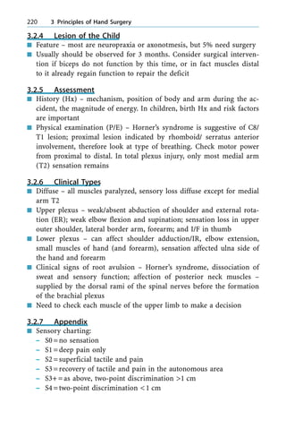 3.2.4 Lesion of the Child
n Feature ± most are neuropraxia or axonotmesis, but 5% need surgery
n Usually should be observed for 3 months. Consider surgical interven-
tion if biceps do not function by this time, or in fact muscles distal
to it already regain function to repair the deficit
3.2.5 Assessment
n History (Hx) ± mechanism, position of body and arm during the ac-
cident, the magnitude of energy. In children, birth Hx and risk factors
are important
n Physical examination (P/E) ± Horner's syndrome is suggestive of C8/
T1 lesion; proximal lesion indicated by rhomboid/ serratus anterior
involvement, therefore look at type of breathing. Check motor power
from proximal to distal. In total plexus injury, only most medial arm
(T2) sensation remains
3.2.6 Clinical Types
n Diffuse ± all muscles paralyzed, sensory loss diffuse except for medial
arm T2
n Upper plexus ± weak/absent abduction of shoulder and external rota-
tion (ER); weak elbow flexion and supination; sensation loss in upper
outer shoulder, lateral border arm, forearm; and I/F in thumb
n Lower plexus ± can affect shoulder adduction/IR, elbow extension,
small muscles of hand (and forearm), sensation affected ulna side of
the hand and forearm
n Clinical signs of root avulsion ± Horner's syndrome, dissociation of
sweat and sensory function; affection of posterior neck muscles ±
supplied by the dorsal rami of the spinal nerves before the formation
of the brachial plexus
n Need to check each muscle of the upper limb to make a decision
3.2.7 Appendix
n Sensory charting:
± S0=no sensation
± S1=deep pain only
± S2=superficial tactile and pain
± S3=recovery of tactile and pain in the autonomous area
± S3+=as above, two-point discrimination >1 cm
± S4=two-point discrimination <1 cm
220 3 Principles of Hand Surgery
 