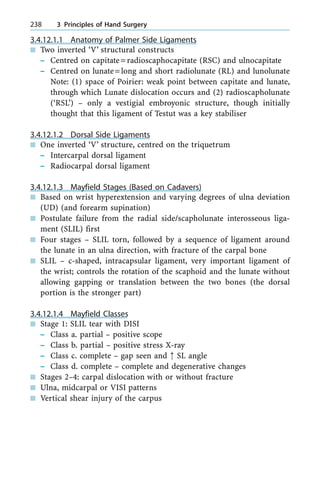 3.4.12.1.1 Anatomy of Palmer Side Ligaments
n Two inverted `V' structural constructs
± Centred on capitate=radioscaphocapitate (RSC) and ulnocapitate
± Centred on lunate=long and short radiolunate (RL) and lunolunate
Note: (1) space of Poirier: weak point between capitate and lunate,
through which Lunate dislocation occurs and (2) radioscapholunate
(`RSL') ± only a vestigial embroyonic structure, though initially
thought that this ligament of Testut was a key stabiliser
3.4.12.1.2 Dorsal Side Ligaments
n One inverted `V' structure, centred on the triquetrum
± Intercarpal dorsal ligament
± Radiocarpal dorsal ligament
3.4.12.1.3 Mayfield Stages (Based on Cadavers)
n Based on wrist hyperextension and varying degrees of ulna deviation
(UD) (and forearm supination)
n Postulate failure from the radial side/scapholunate interosseous liga-
ment (SLIL) first
n Four stages ± SLIL torn, followed by a sequence of ligament around
the lunate in an ulna direction, with fracture of the carpal bone
n SLIL ± c-shaped, intracapsular ligament, very important ligament of
the wrist; controls the rotation of the scaphoid and the lunate without
allowing gapping or translation between the two bones (the dorsal
portion is the stronger part)
3.4.12.1.4 Mayfield Classes
n Stage 1: SLIL tear with DISI
± Class a. partial ± positive scope
± Class b. partial ± positive stress X-ray
± Class c. complete ± gap seen and : SL angle
± Class d. complete ± complete and degenerative changes
n Stages 2±4: carpal dislocation with or without fracture
n Ulna, midcarpal or VISI patterns
n Vertical shear injury of the carpus
238 3 Principles of Hand Surgery
 