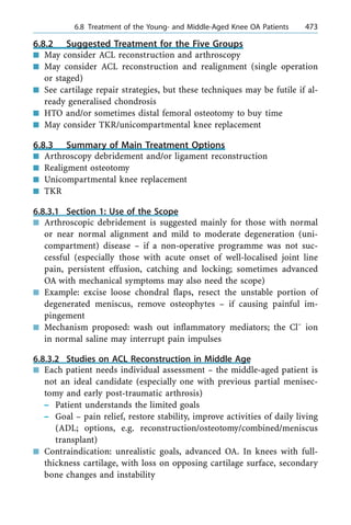 6.8.2 Suggested Treatment for the Five Groups
n May consider ACL reconstruction and arthroscopy
n May consider ACL reconstruction and realignment (single operation
or staged)
n See cartilage repair strategies, but these techniques may be futile if al-
ready generalised chondrosis
n HTO and/or sometimes distal femoral osteotomy to buy time
n May consider TKR/unicompartmental knee replacement
6.8.3 Summary of Main Treatment Options
n Arthroscopy debridement and/or ligament reconstruction
n Realigment osteotomy
n Unicompartmental knee replacement
n TKR
6.8.3.1 Section 1: Use of the Scope
n Arthroscopic debridement is suggested mainly for those with normal
or near normal alignment and mild to moderate degeneration (uni-
compartment) disease ± if a non-operative programme was not suc-
cessful (especially those with acute onset of well-localised joint line
pain, persistent effusion, catching and locking; sometimes advanced
OA with mechanical symptoms may also need the scope)
n Example: excise loose chondral flaps, resect the unstable portion of
degenerated meniscus, remove osteophytes ± if causing painful im-
pingement
n Mechanism proposed: wash out inflammatory mediators; the Cl±
ion
in normal saline may interrupt pain impulses
6.8.3.2 Studies on ACL Reconstruction in Middle Age
n Each patient needs individual assessment ± the middle-aged patient is
not an ideal candidate (especially one with previous partial menisec-
tomy and early post-traumatic arthrosis)
± Patient understands the limited goals
± Goal ± pain relief, restore stability, improve activities of daily living
(ADL; options, e.g. reconstruction/osteotomy/combined/meniscus
transplant)
n Contraindication: unrealistic goals, advanced OA. In knees with full-
thickness cartilage, with loss on opposing cartilage surface, secondary
bone changes and instability
a 6.8 Treatment of the Young- and Middle-Aged Knee OA Patients 473
 
